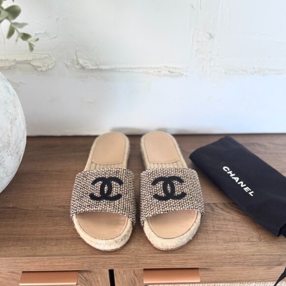 Chanel Women's CC Espadrille Slide Sandals Tweed - Picture 3 of 11